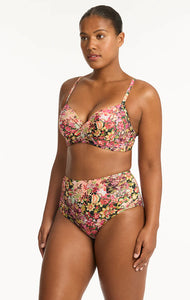Wildflower cross front moulded underwire bra with high waisted gathered side pant - pink